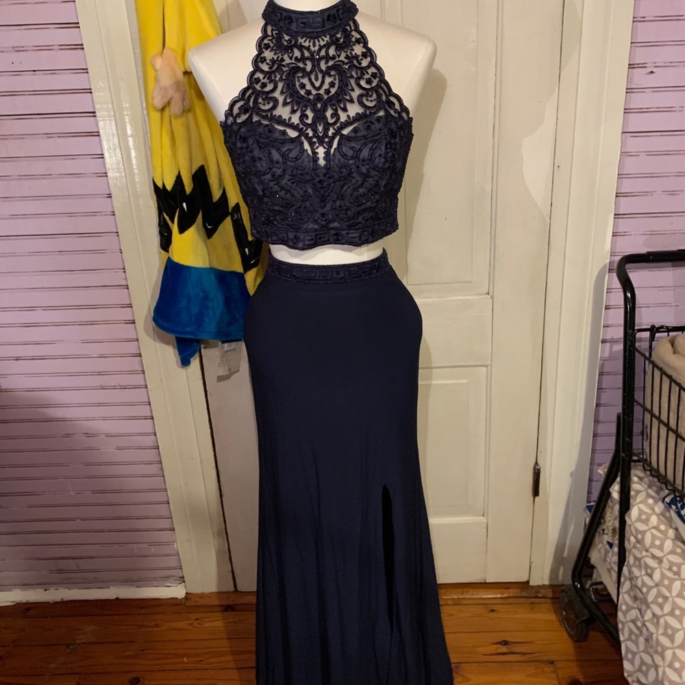 Navy Blue Embroidered 2 Piece Maxi Dress with slit